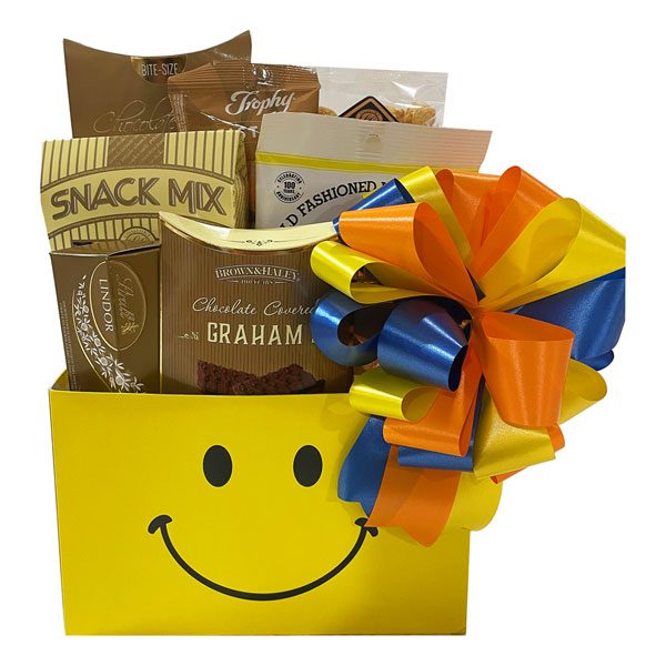 Sending You Smiles Gift Package with cookies, caramel corn, nuts, graham crackers, fruit jellies and old fashioned candies.