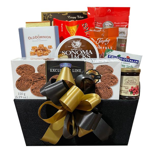Show Stopper Gift Basket-filled with smoked salmon, peanut crunch, brownie bisquits, fruit spread, Sonoma Jack cheese, olives, maple popcorn, appetizer crackers and nuts