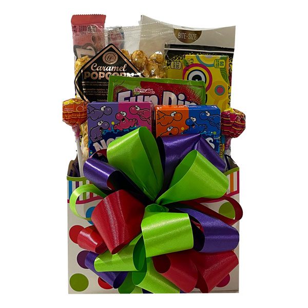 Smiles and Giggles Gift Basket-Nerds, caramel popcorn, Fun Dip, Chuppa Chups lollipops, Gobstoppers, Laffy Taffy, Wonka Sweetarts, Sour Patch Kids, Sonia's chocolate chip cookies.