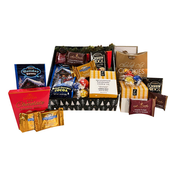 Sweet Charcuterie with Laura Secord fudge, chocolate chip cookies, Ghirardelli chocolates, salted caramel hot chocolate, Lindt truffles, Sprucewood shortbread, chocolate caramels, a jumbo maple crunch chocolate bar, cashew roca