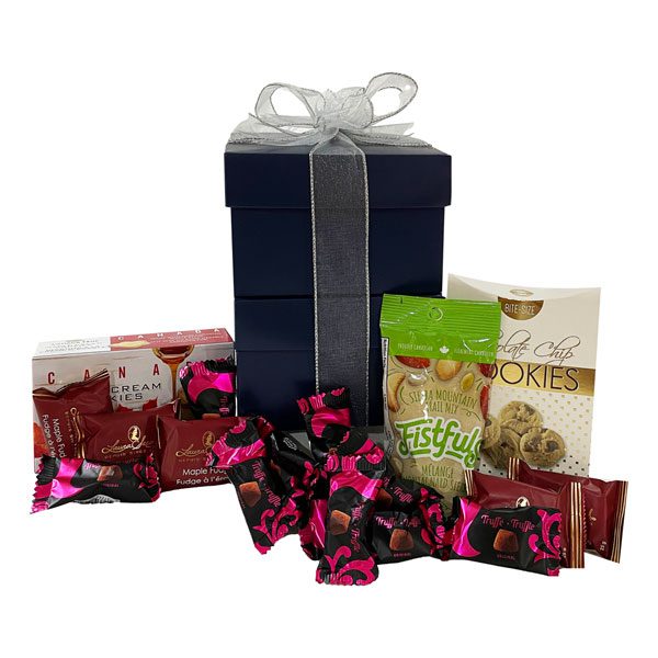 Sweetly Made Gift Tower-maple cookies, 12 cocoa dusted truffles, Laura Secord fudge, Sierra Mountain trail mix and chocolate chip cookies in a two tiered navy gift box tower