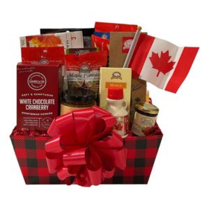 The All Canadian gift basket is filled with Canadian made gourmet foods from Gourmet Du Village, Kurtz Farms, Laura Secord, Canada True