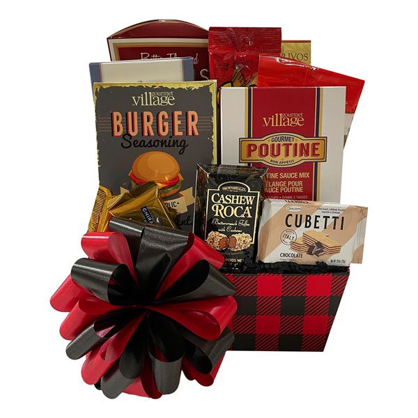 The Man Basket-Gourmet Village 3 peppercorn blend burger seasoning, poutine seasoning, wine and cheese biscuits, Cubetti wafers, corn nuts, Old Dominion peanut crunch, Canada True maple almonds, Snacktales pretzels, Ghirardelli chocolate squares (2)