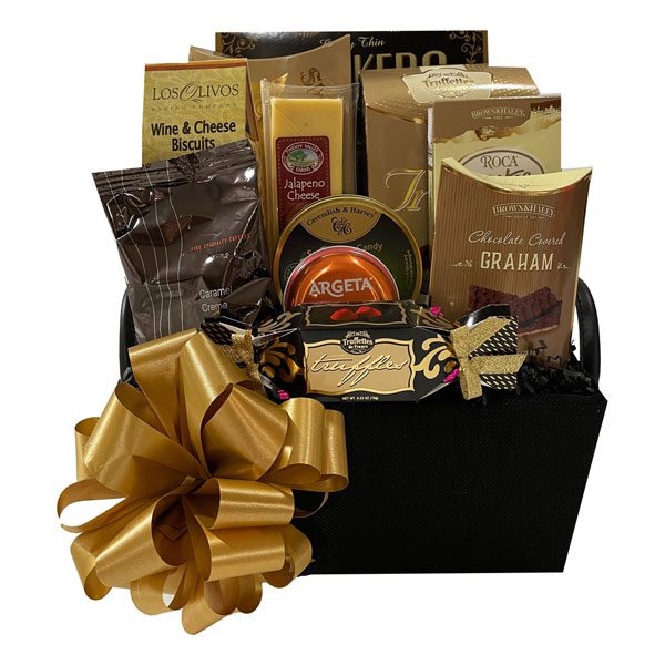 The Sophisticate-crackers, smoked salmon, cheese, roca bites, salmon pate, truffles, wine and cheese bisquits, gourmet coffee and old fashioned candies