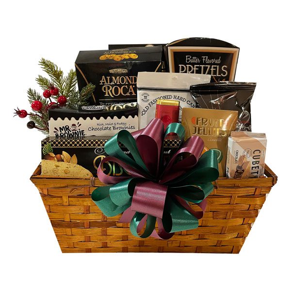 Thinking Of You At Christmas gift basket with candies, cookies, chocolates, pretzels and treats they will love!