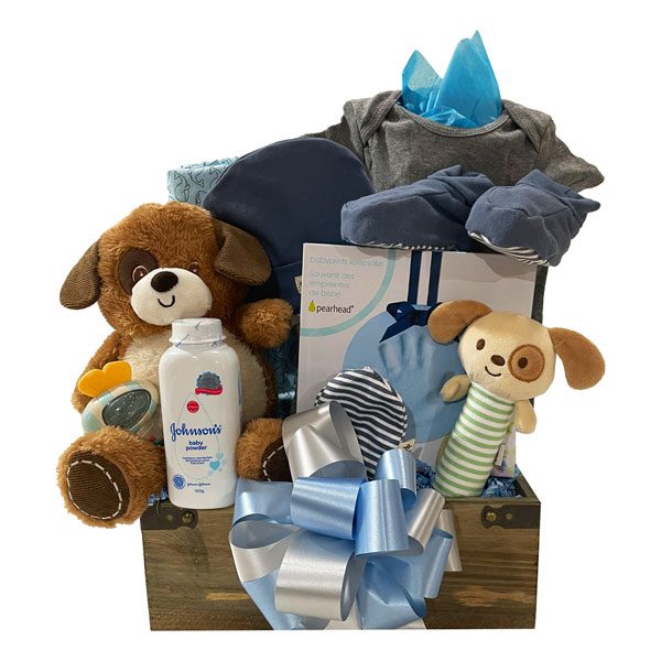Time For Baby Gift Basket with hand print kit, plush toy, rattles, baby clothes and more.