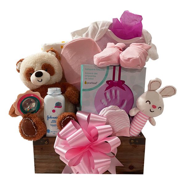 Time For Baby Gift Basket with hand print kit, plush toy, rattles, baby clothes and more.
