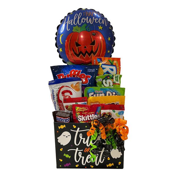 Trick Or Treat Gift Basket with Gummies, Skittles, Combos snack mix, Razzles, Jelly Belly, potato chips, Mars chocolates