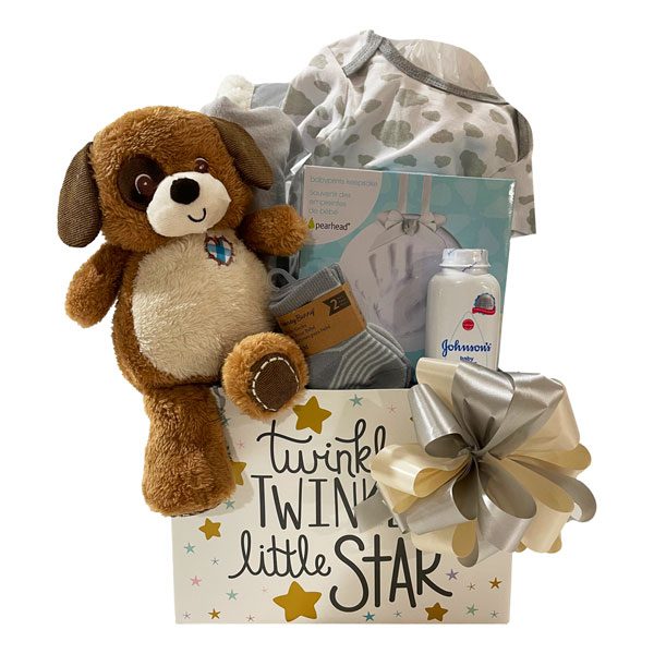Twinkle Twinkle Little Star with plush toy, socks, keepsake hand kit, onsie, Johnson's baby powder, a reversible chamois blanket and receiving blanket