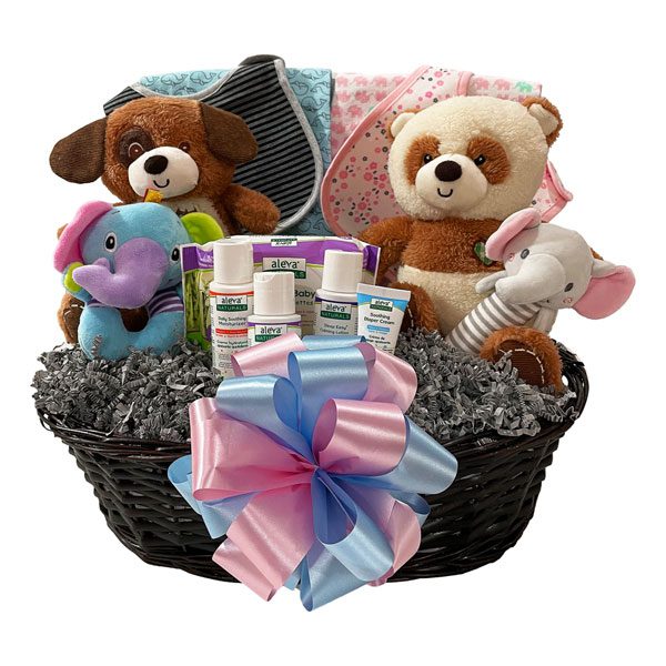 Two Times The Fun Twin Gift Basket designed for one of each! Bibs, receiving blankets, plush animal, rattles and bath products to welcome the new little boy and girl.