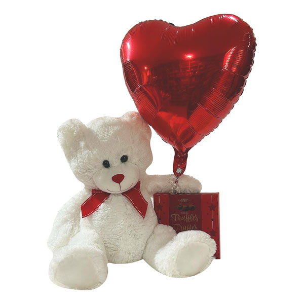 Valentine Delights Gift with Large bear, cocoa dusted chocolates, balloon