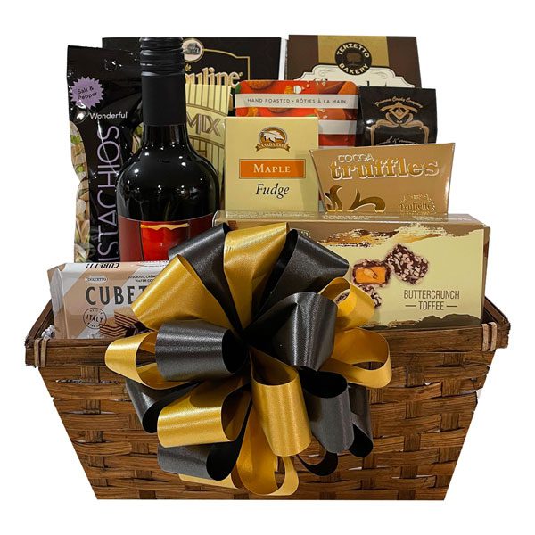 Warm Comfort Wine Gift Basket filled with decadent fudge, chocolates, nuts, cookies, caramels and more!