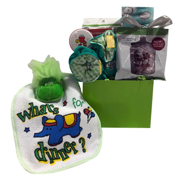 Apple Of My Eye Baby Gift Basket-includes bib, plush toy, slippers, fleece blanket, rattle, key lime cookies, herbal tea and green apple candies for mom and dad.