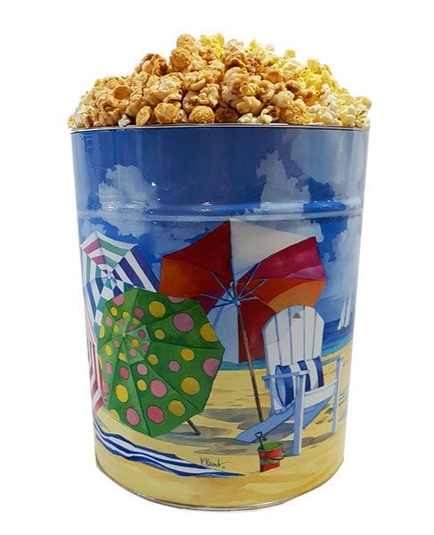 Beach Themed Popcorn Tin-Filled with your 3 flavor choices. Approx. 20 cups each flavor, 60 cups total