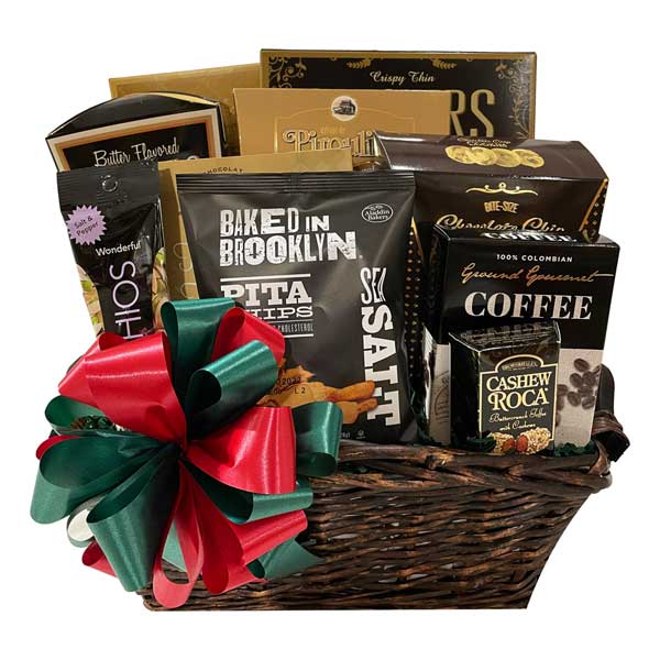 Bountiful Christmas Gift Basket filed with pistachio nuts, pita chips, coffee, cashew roca, pretzels and more!