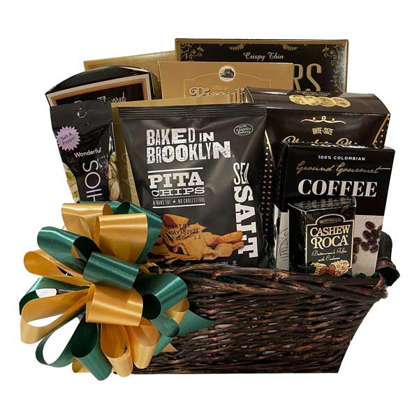 Bountiful Gift Basket filed with pistachio nuts, pita chips, coffee, cashew roca, pretzels and more!