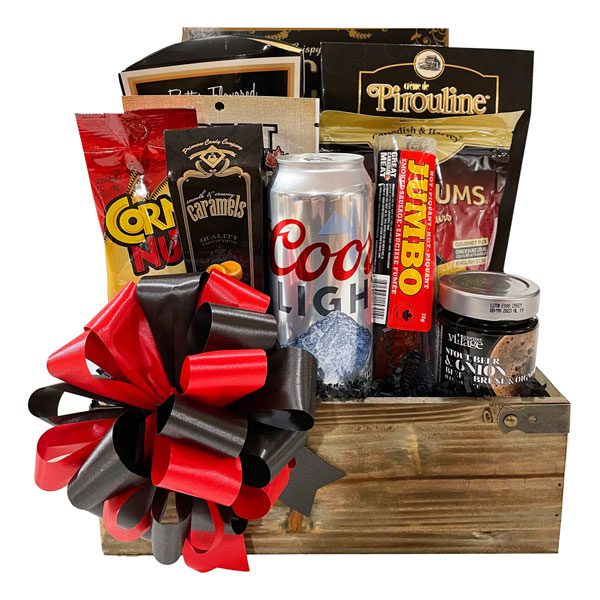 Busy Man's Gift Basket, with beer, smoked sausage, crackers, jerky, pretzels, wine gums, corn nuts, caramels and stout beer jelly