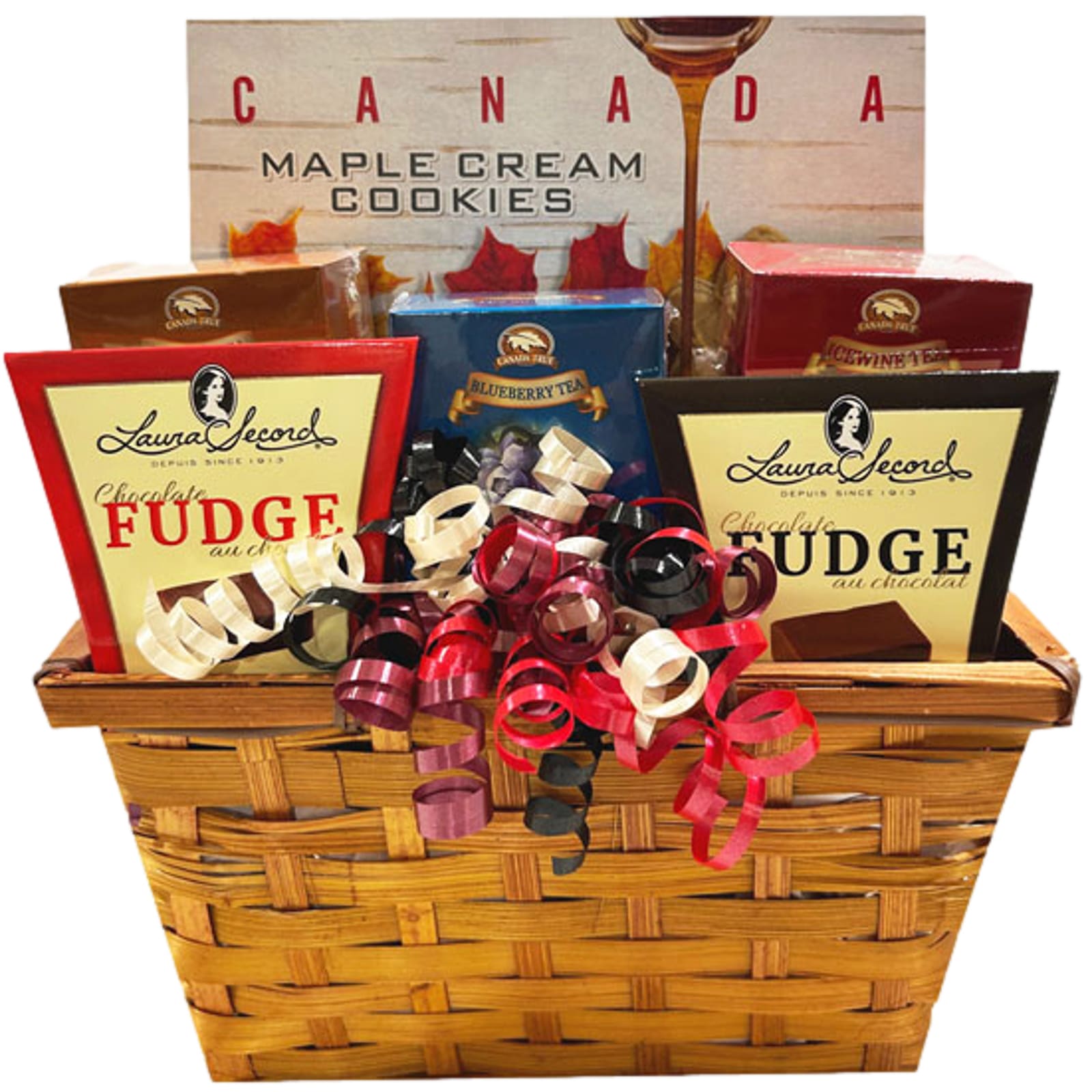 Canadian Tea and Cookies Gift Basket with Laura Secord fudge, maple cream cookies, blueberry, ice wine and maple tea