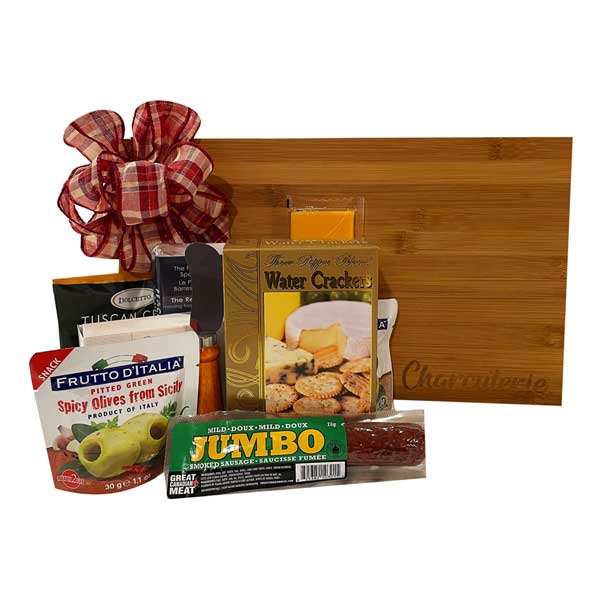 Charcuterie Board Gift-filled with cheeses, meats, chocolates, olives and crackers