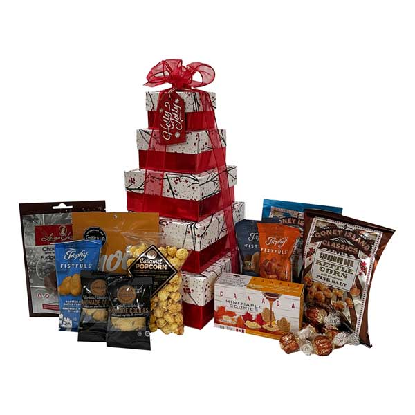 Christmas Berries filled with kettle corn, caramel corn, nuts, fudge, shortbread and cookies