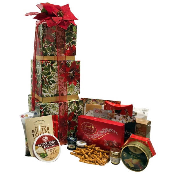 Christmas In Bloom Gift Tower-Inside find Lindt truffles, gourmet cheeses, crackers, smoked salmon, toffee, fudge and so much more.