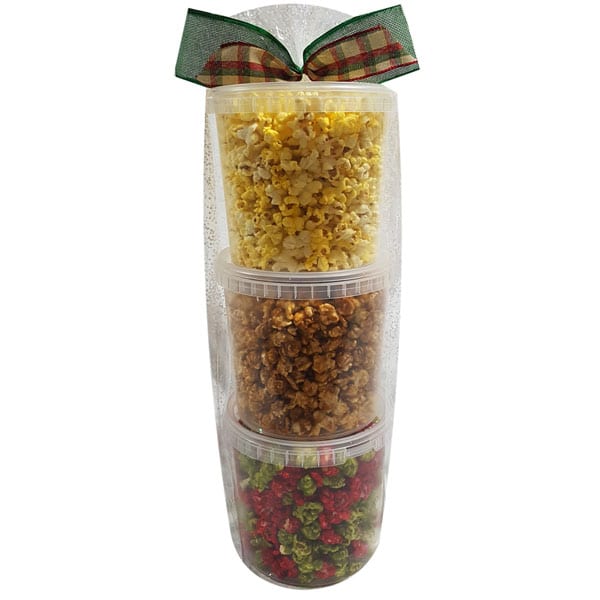 Christmas Popcorn Tower-Three tier pails, filled with 10 cups each (approx) Movie Theatre, Caramel and Christmas Popcorn.