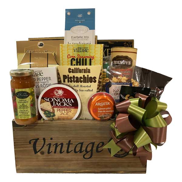 Our Classic Collection gift baskets is filled with cheese, pasta, pasta sauce, crackers, cookies, marinades, jams, coffee, biscotti, pistachio and assorted nuts