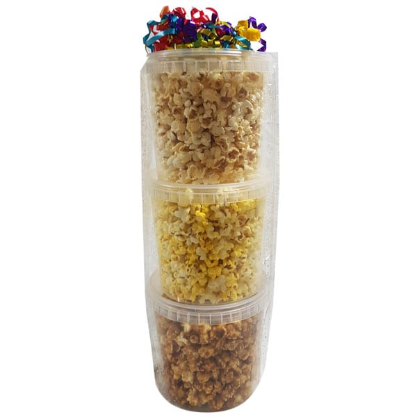 Classic Popcorn Tower-Flavors: Movie Theater, White Cheddar and Caramel popcorn. 10 cups per pail, 3 pails per tower