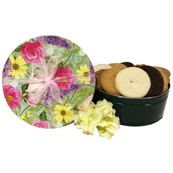 Women Cookie Gifts-18 cookies (6 flavors), fill this tin adorned with assorted flowers in bright colors