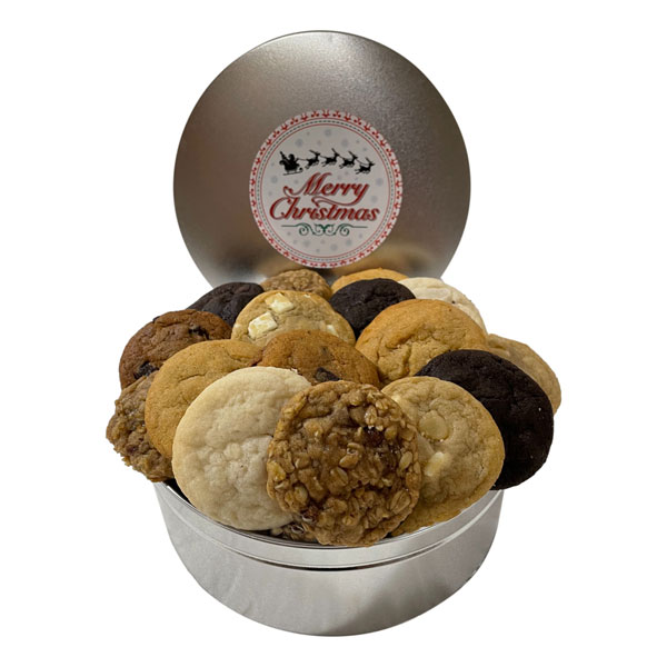1 & 1/2 Dozen Fresh Baked Cookies in a small Silver Merry Christmas tin-white chocolate macadamia, oatmeal raisin, double chocolate, peanut butter, chocolate chunk, shortbread, for the merriest of Christmas'