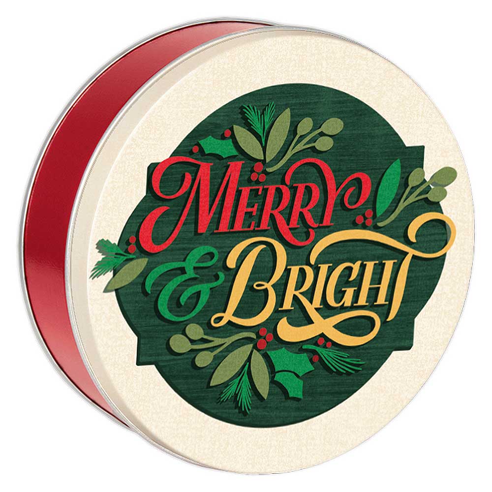 Cheerful Merry and Bright Cookie tin filled with 2 1/2 dozen fresh baked cookies