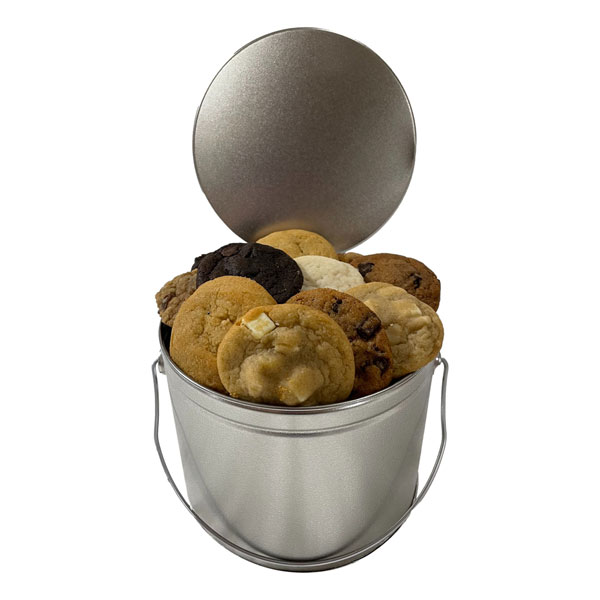 2 Dozen Fresh Baked Cookies in a small Silver Pail-white chocolate macadamia, oatmeal raisin, double chocolate, peanut butter, chocolate chunk, shortbread. So yummy!
