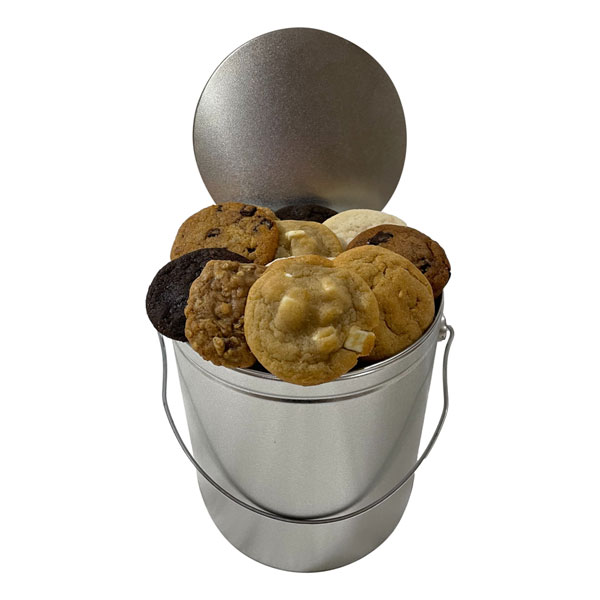 3 Dozen Fresh Baked Cookies in a large Silver Pail-white chocolate macadamia, oatmeal raisin, double chocolate, peanut butter, chocolate chunk, shortbread. All fresh, all delicious.