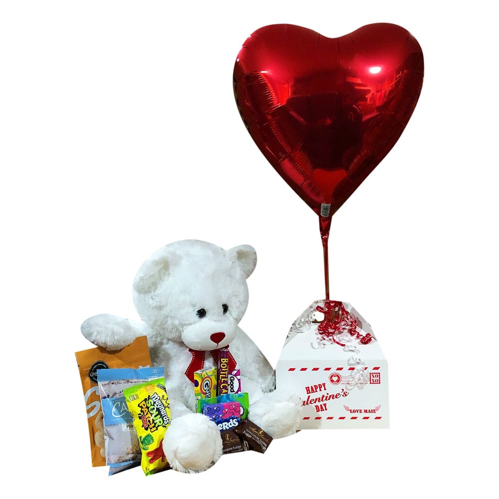 Deluxe Cupid's Bounty with nut free product, a large bear and a helium heart balloon