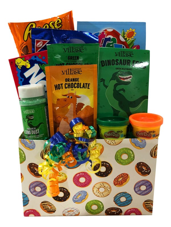 Dinosaur Adventure Gift Basket filled with dinosaur hot chocolate, eggs, dust and more!