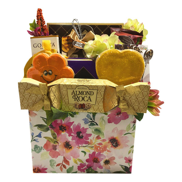 Edible Arrangements Gift Basket with cookies, chocolates, tea, Godiva, almond roca, dip mix and more