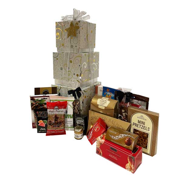 Exquisite Swirls Gift Boxes with an assortment of Lindt truffles, smoked salmon, fudge, pretzels, candy, appetizer crackers and mustard to name a few.