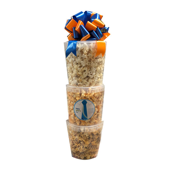 Father's Day Popcorn Tower-Flavors: cheddar pretzel ale, bacon cheddar and Chicago style. 3 Pails per tower. 10 cups per pail