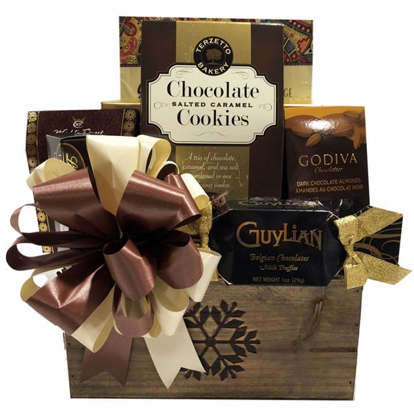 Fireside Chocolate Gift Basket -filled with decadent Lindt, Godiva, chocolate caramel cookies, chocolate jellies, a large box of Lindt truffles, Belgian chocolates and more.