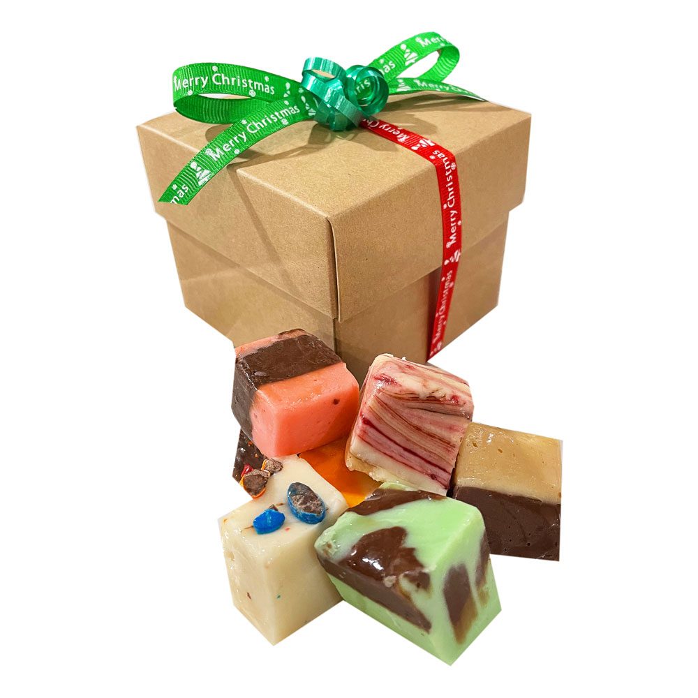 Old Time Christmas Fudge Gift Box-filled with an assortment of 8 two bite fudge pieces.