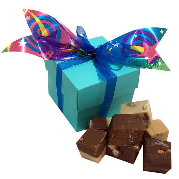 Fudge Sampler Gift Box-Aqua holds a variety of fudge flavors in a beautiful gift box with ribbons and accents