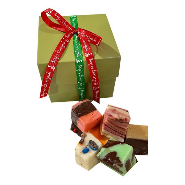 Christmas Fudge Sampler Gift Box-filled with an assortment of 8 two bite fudge pieces.