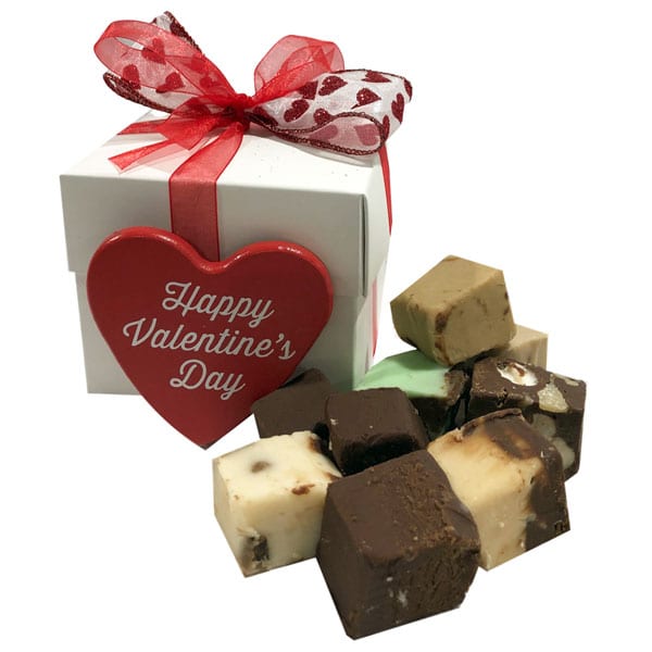 Valentine's Day Fudge Sampler-a white gift box filled with 8 fudge bites equal to about half a pound of fudge.