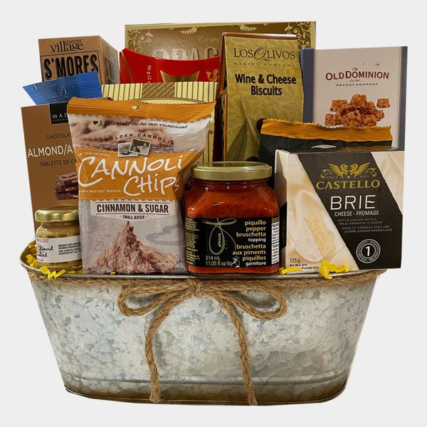 Gourmet Fare filled with top shelf smoked salmon, wine bisquits, Camembert cheese, bruschetta blend, cannoli crisps, chocolates and more!