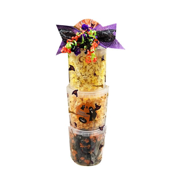 Halloween Popcorn Tower-Flavors: movie theater, cheddar cheese and Halloween (orange and black cherry. 3 Pails per tower. 10 cups per pail
