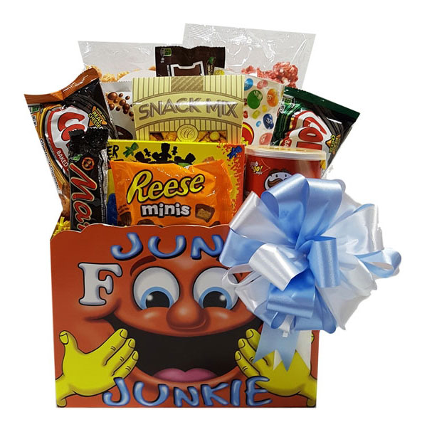 Junk Food Junkie Gift Basket-Reese minis, Mar's bar, Combos, candy popcorn, M & M's, snack mix, Pringles, Aero bar and more