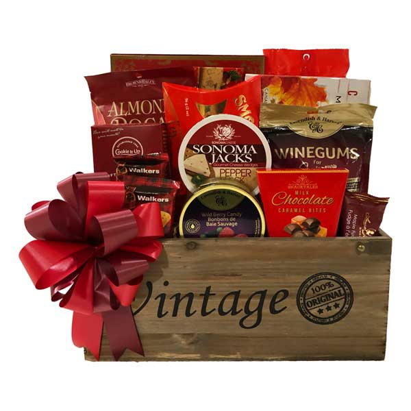 Limited Edition Gift Basket with biscotti, maple popcorn, cookies, pretzels, smoked salmon, chocolates, fudge, candy, cheese shortbread and more!