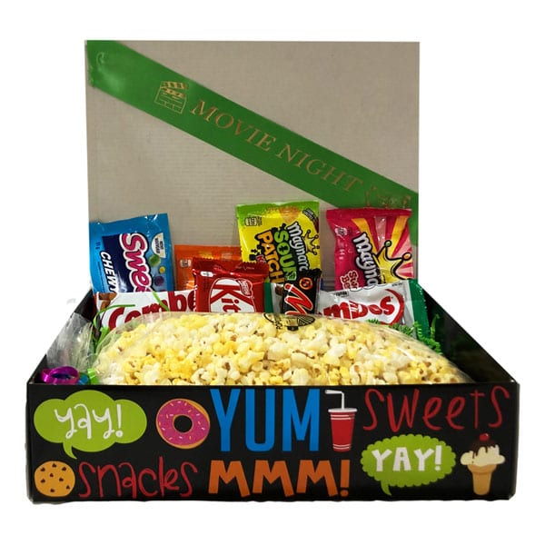Movie Night filled with candy, chips and chocolates, enough to share. Just add the movie!