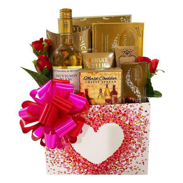 My Golden Heart Gift Basket with Wine and Gourmet Snacks