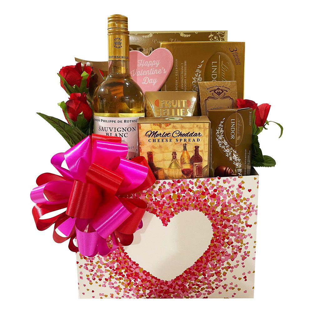 My Golden Valentine Gift Basket with Wine and Gourmet Snacks